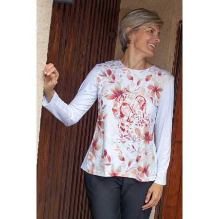 Tee-shirt manches longues médicalisé ouverture complète dans le dos femme senior blanc avec motifs fantaisie