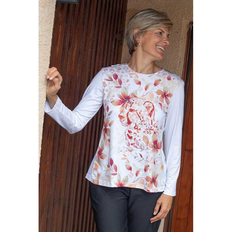 Tee-shirt manches longues médicalisé ouverture complète dans le dos femme senior blanc avec motifs fantaisie Tee-shirt manches longues médicalisé ouverture complète dans le dos femme senior blanc avec motifs fantaisie