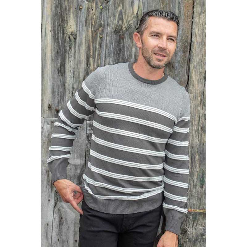 Pull homme médcalisé ouvert dans le dos gris avec des rayures