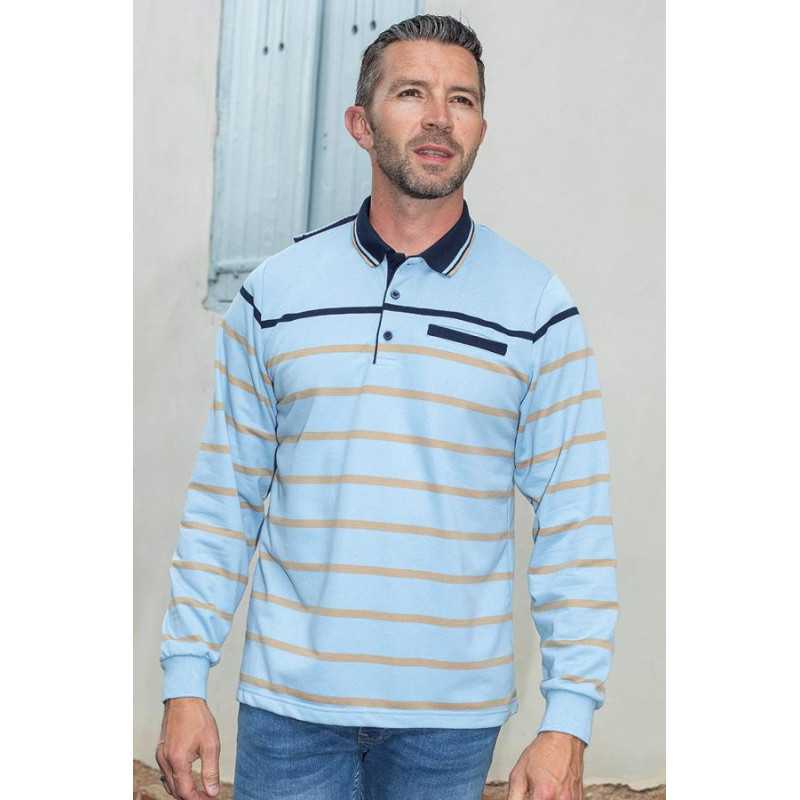 Homme senior pull médicalisé bleu ciel avec rayures