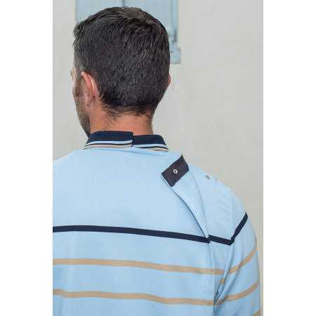Polo médical pour homme senior avec bouton pression dans le dos bleu ciel rayé