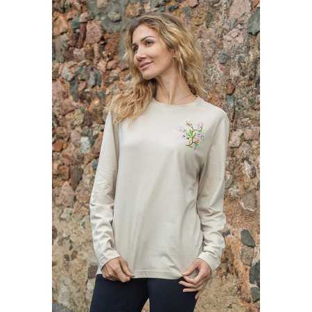 Tee-shirt col rond avec jolie broderie manches longues pour femme