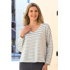 Pull confort élégant pour femme senior - rayures beiges - col V