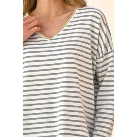 Pull confort élégant pour femme senior - rayures beiges - col V