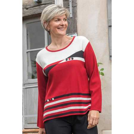 Pull mailles rouge et  blanc pour femme âgée  - doux et élégant