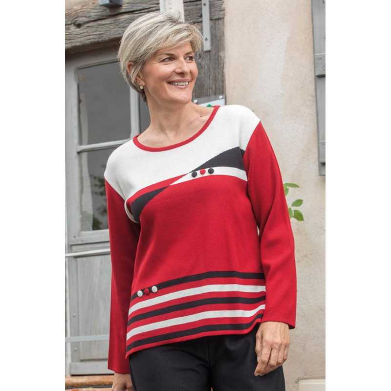 Pull mailles rouge et blanc pour femme âgée - doux et élégant Pull mailles rouge et blanc pour femme âgée - doux et élégant