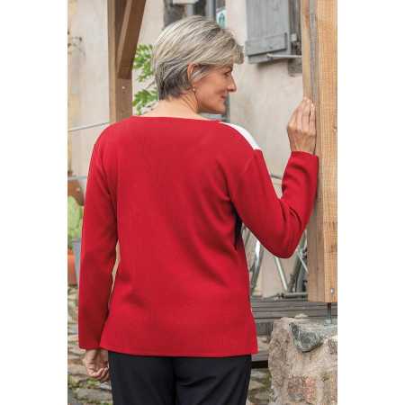 Pull mailles rouge et  blanc pour femme âgée  - doux et élégant