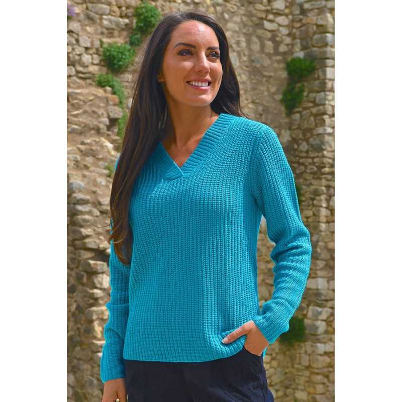 Pull maille pour femme senior - très doux - turquoise ou rouge - Facilavi Pull maille pour femme senior - très doux - turquoise ou rouge - Facilavi
