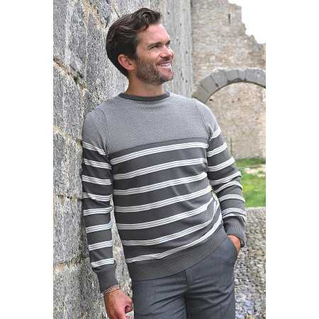 Pull gris rayé pour homme - 50% coton - chaud