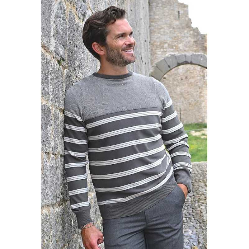 Pull gris rayé pour homme - 50% coton - chaud Pull gris rayé pour homme - 50% coton - chaud