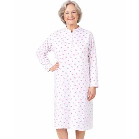 Chemise de nuit manches longues coton femme senior ouverte à l'arrière