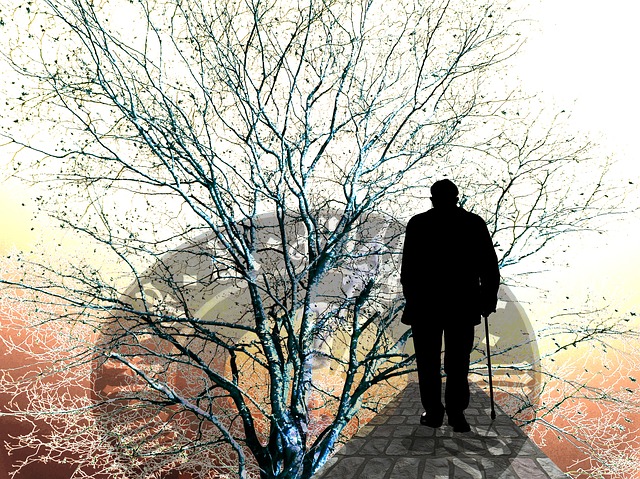 vieil homme qui regarde le temps passer Vieil homme qui marche le long d'une avenue avec une canne et qui pense au temps
