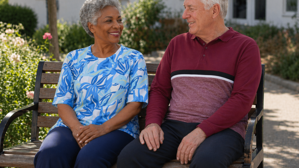 Homme et femme senior en grenouillère sur le banc de l'ehpad