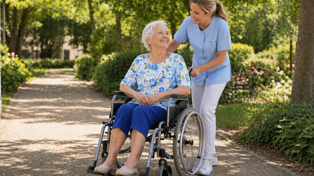 Grenouillère médicalisée femme senior ouverture dos balade parc ehpad