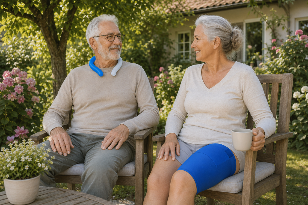 Seniors qui portent des accessoires rafraichissants anti canicule