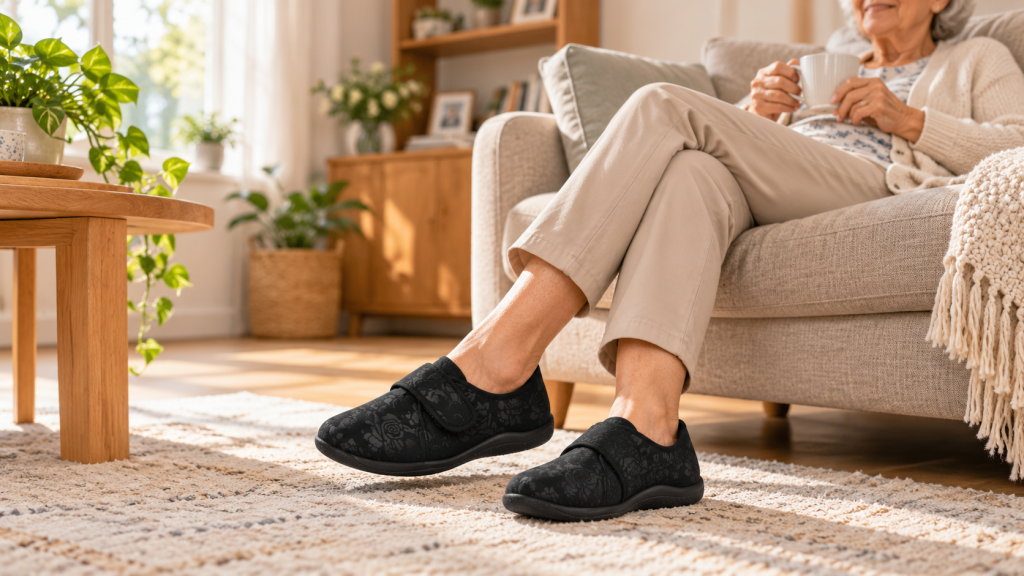 chaussons antidérapants noir fleurs femme